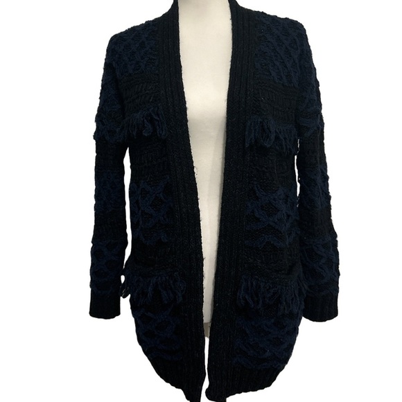 Lucky Brand Chunky Stevie Boho Fringe Navy Blue  Black Long Knit Cardigan XS - Picture 2 of 8